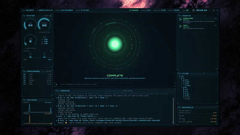 The HUD in its complete state, the reactor green, with a one sentence spoken answer under it.
