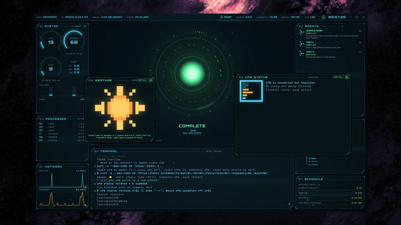 JARVIS running on a Windows desktop over a nebula wallpaper: server gauges on the left, the reactor in the middle, and two floating windows showing a weather sprite and a firewall status readout.