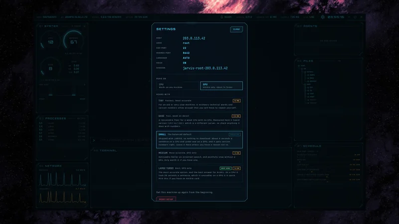 The JARVIS settings panel listing five speech models, each with its size, a one line verdict and the case for and against choosing it.