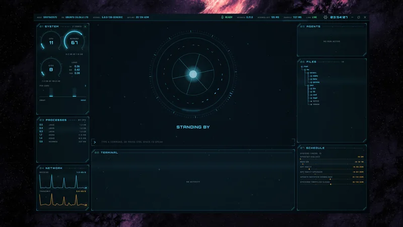 The HUD standing by, with the server gauges, the process list, the network sparklines and the systemd timer schedule all populated.