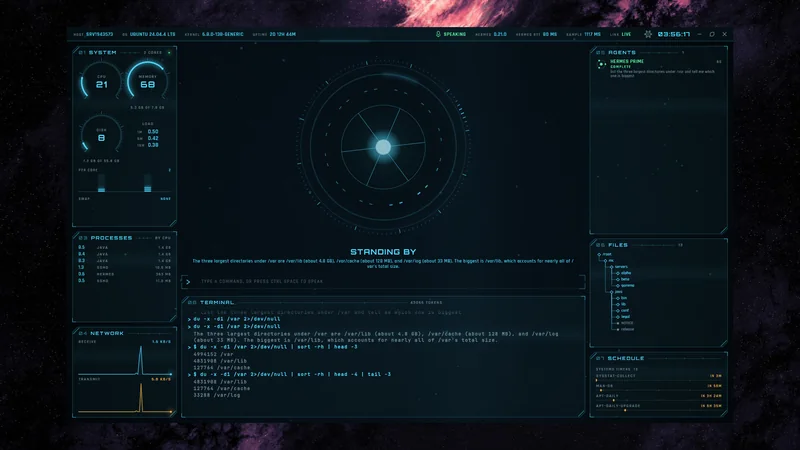 The terminal panel showing the exact shell commands and their real standard output, with the agent list at the right.