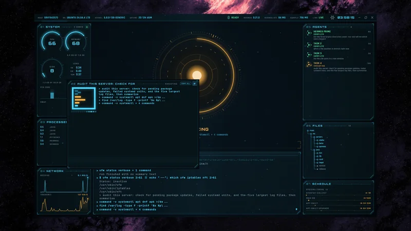 The HUD in its working state, the reactor ring amber, with a task window listing the shell commands the agent is running.